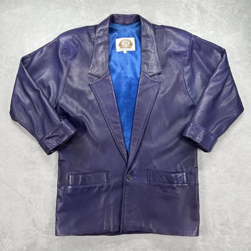 Vintage Overland Sheepskin Co Blazer Womens Large Purple Leather Made USA 80s